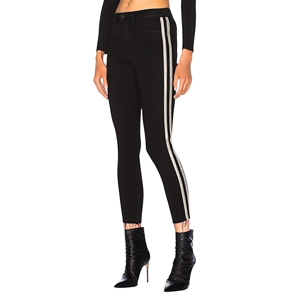 L’AGENCE MARGOT RHINESTONE STRIPED HIGH RISE CROPPED RAW HEM SKINNY JEANS SZ 27